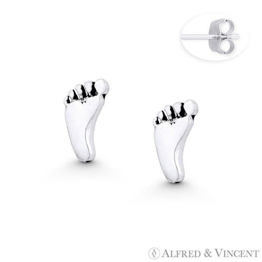 Babys Footprint Charm Stud Earrings In Oxidized 925 Sterling Silver 19$